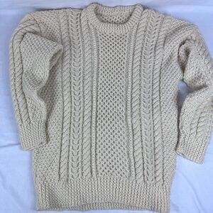 Vintage Hand Knit Fisherman Sweater Cream Cable Knit Chunky Pullover